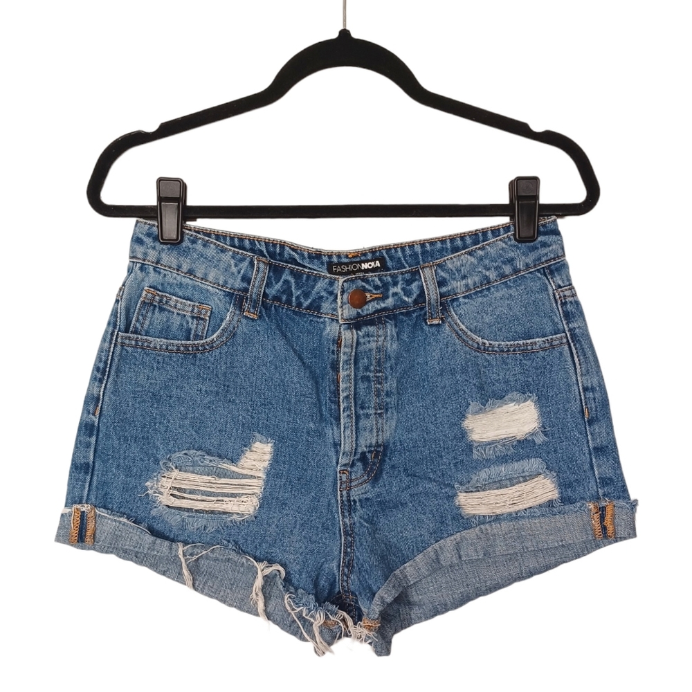 FASHION NOVA Button Fly Medium Blue Distressed Denim Jean Shorts Medium